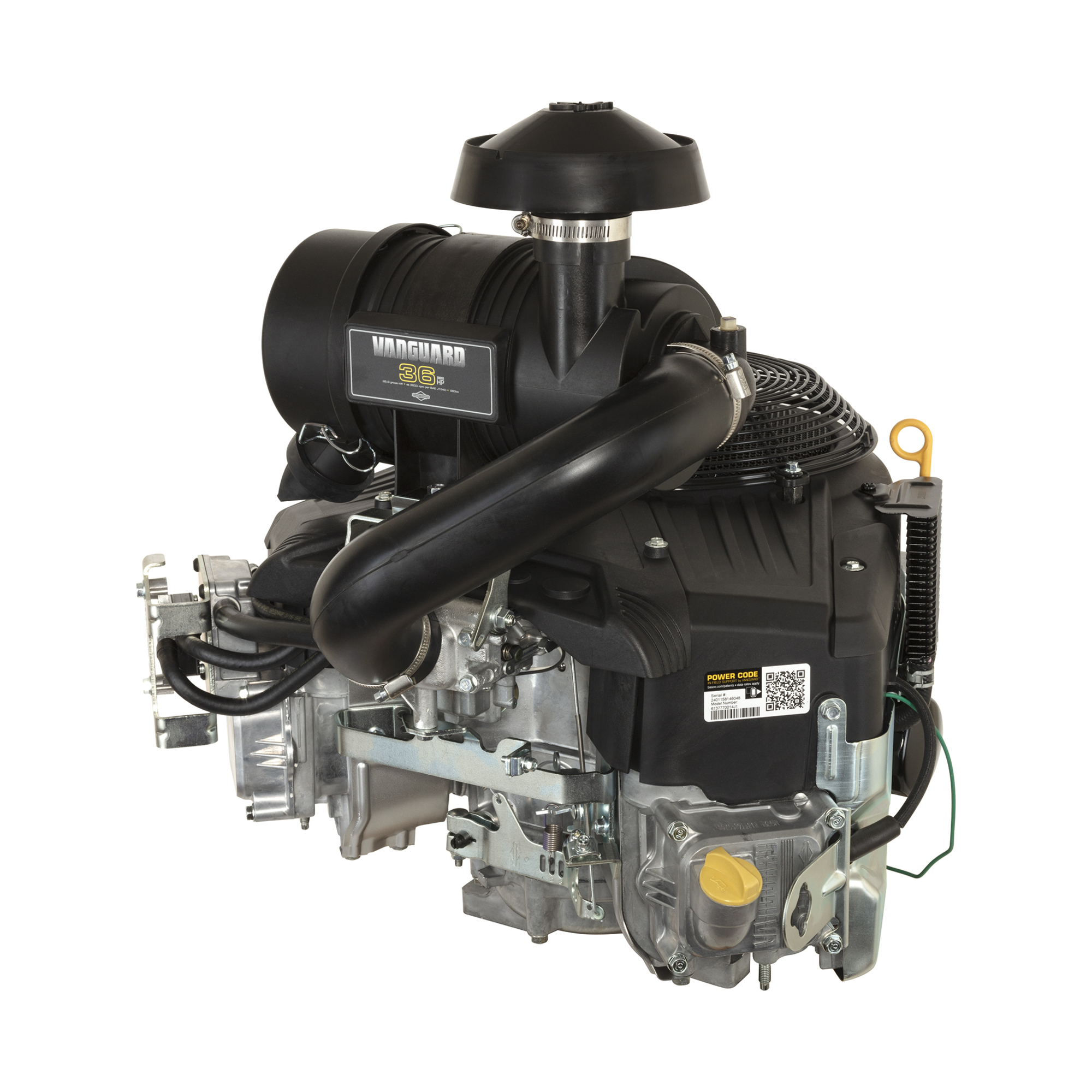36.0 GHP Vanguard Vertical Shaft Engine, 883cc, 1-1/8" x 4-1/2” Crankshaft, Tapped 7/16-20, 1/4" Keyway, 12V Electric Start, 20A Alternator, Cyclonic Filtration, Model# 613777-0014-J1